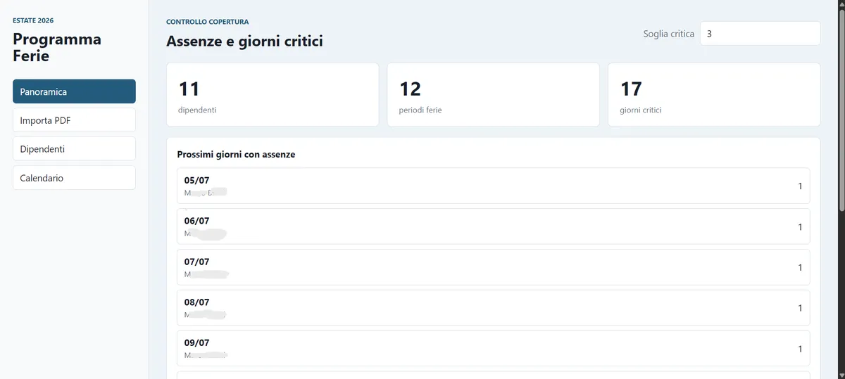 Sistema Ferie interface